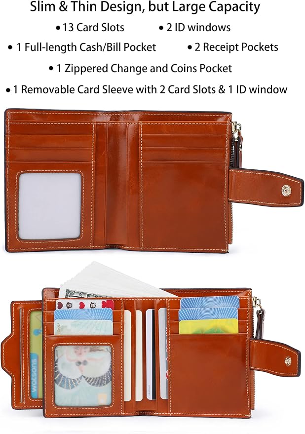 Women's RFID Blocking Leather Small Compact Bi-fold Zipper Pocket Wallet Card Case Purse with id Window - Image 2