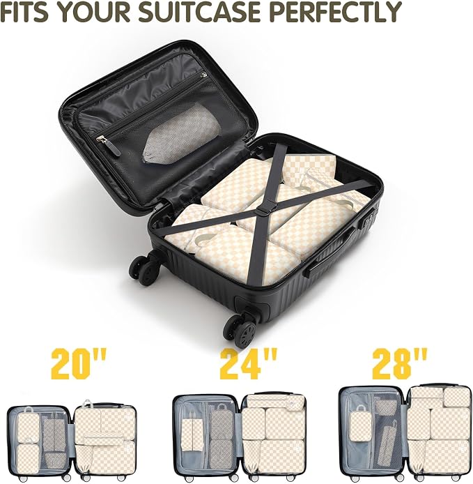 8 Set Compression Packing Cubes Travel, Lightweight Durable Packing Compression Cubes, Accessories Bags Packing Cubes for Travel Luggage Organizer (Khaki Checkered) - Image 6