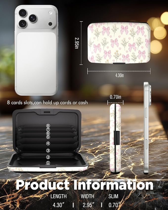 Maicican RFID Blocking Aluminum Credit Card Holder | Slim Metal Wallet for Women & Men, Business Card Case for Travel, Fits Front Pocket, Card holder wallet - pink bow - Image 6