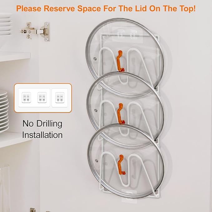 Durmmur 2 Pack Pot Lid Organizer, 6-Tier Lid Holder for Cabinet Door & Wall | Rustproof Metal Lid Organizer with No-Drill Adhesive Mounting for Pot and Pan Lids, Space-Saving Kitchen Storage, White - Image 4