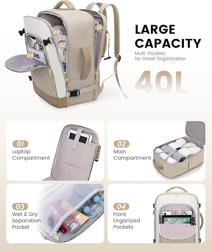 LOVEVOOK Large Travel Backpack for Women, TSA Carry on Backpack for Airplanes, 40L Personal Item Travel Bag for Women fits 17" Laptop,Waterproof Carry on Bag Airplane Approved with 3 Packing Cubes - Image 3