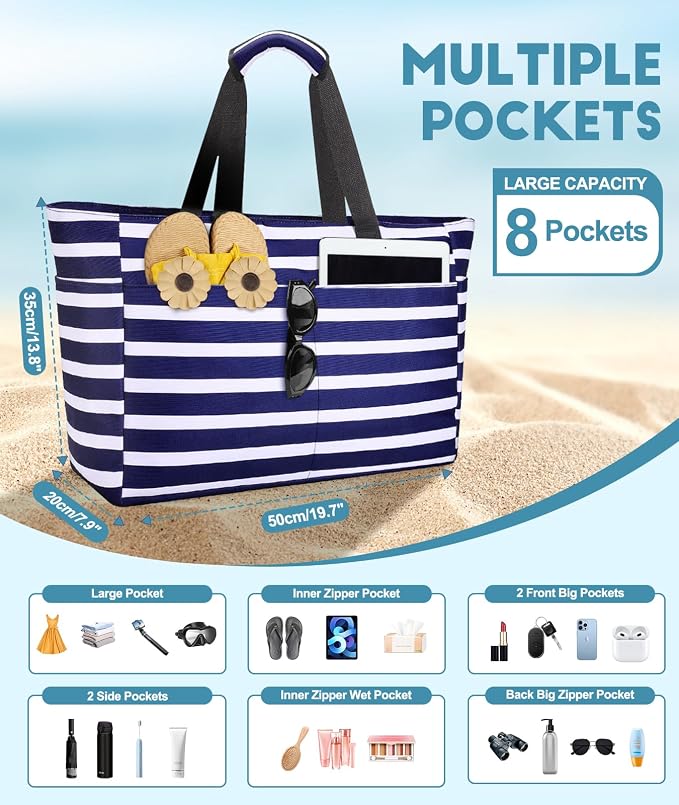 ISEYOU Extra Large Beach Bag Waterproof Beach Totes Bags for Women, Lightweight Foldable Pool Bag with Zipper Wet Compartment - Image 3