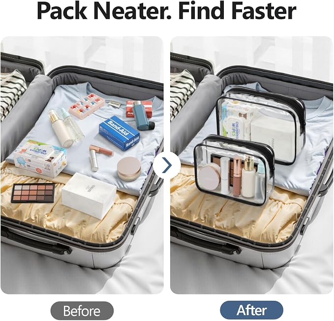 Clear Makeup Bag for Travel - TSA Approved Toiletry Bag, 2 Black | 1 Medium Quart Carry-On & 1 Large Checked-Luggage, Reinforced Seams, Water-resistant, Clear Easy-Check for Airport, Women - Image 8
