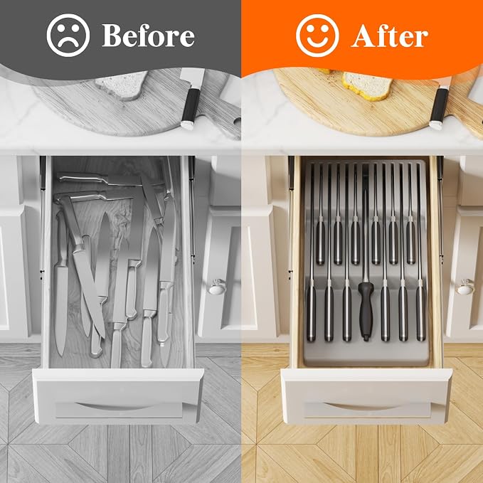 Lifewit Magnetic Drawer Knife Organizers Insert Pastic for 12 Knives, Gray | Kitchen Plastic In Drawer Knife Block Slots, Steak Chefs Knives Holder Storage for 12 Knives and 1 Sharpening Steel 16.5" - Image 9