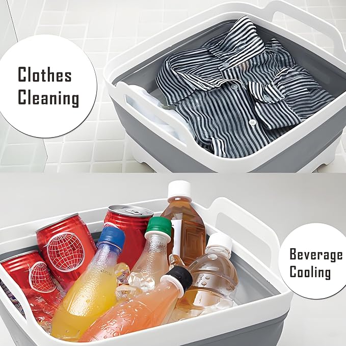 Collapsible Dish Basin with Drain Plug, 9L 2.4 Gallon Portable Wash Basin Dishpan Space Saving Dish Washing Tub Foldable Sink Tub Kitchen Storage Tray Grey - Image 4