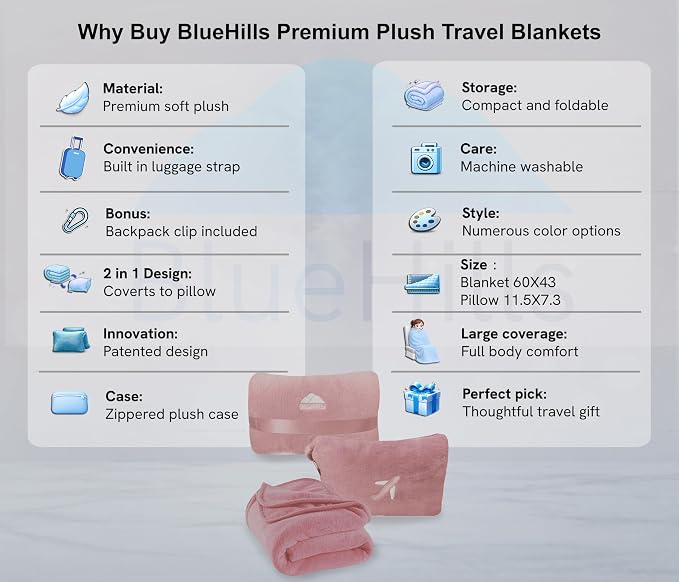 BlueHills Premium Soft Plush Mini Travel Blanket Pillow Car Dusty Rose Pink | Compact Airplane Blanket, Portable Pillowcase, Long Flights, 2 in 1 Plane Essentials, Luggage Strap & Carabiner, Lightweight - Image 2