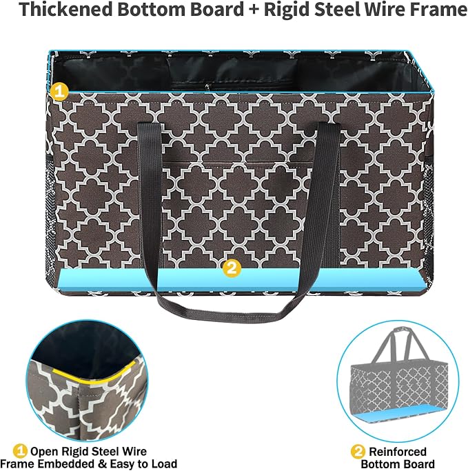 GhvyenntteS Extra Large Utility Tote Bag 2 Pack - Stand Up Utility Tote with Metal Wire Frame & Hard Bottom Board, Reusable Grocery Bags With Handles for Storage, Picnics, Beach, Laundry, Car, Camping - Image 5