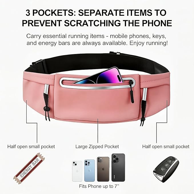Running Belt Fanny Pack:3 Pocket Waist Bag for Men Women Workout Exercise Fitness Phone Holder Fits All Phones - Runner Marathon Jogging Race Belt with Bib Clip (Pink) - Image 2