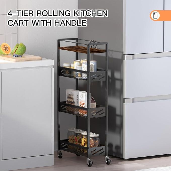 DGSNADGO Slim Rolling Storage Cart, 4-Tier Narrow Kitchen Cart with Wheels | Metal Mobile Snack Shelving, Rolling Spice Rack for Small Space in Kitchen, Living Room, Bathroom, Rustic Brown and Black - Image 2