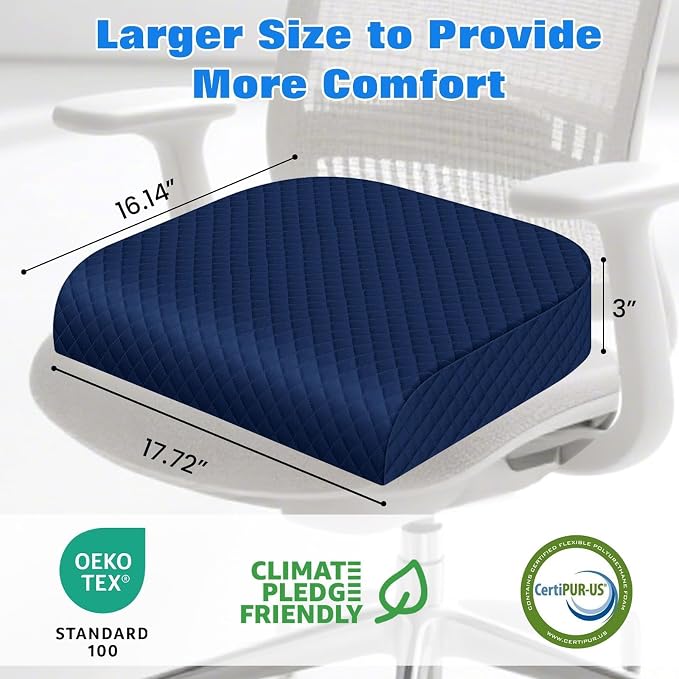 Seat Cushion, Office Chair Cushion, Chair Pad, Large, Blue, Large | Memory Foam, Washable Cover, Non-slip Bottom, Portable Handle, for Office, Home and Car - Image 2