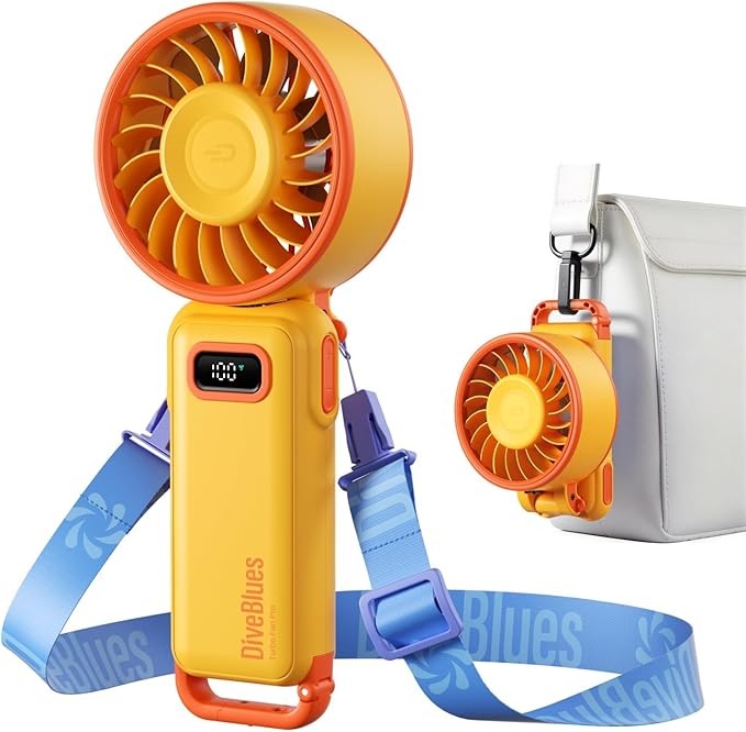 Diveblues Portable Handheld Fan, 7.4m/s High Speed Turbo Fan, 180° Foldable 4-in-1 Personal Neck Fan Integrated Carabiner Clip, 100 Speed Stepless Control, USB-C Rechargeable, 12H Battery, Fanzy D6036 by Diveblues