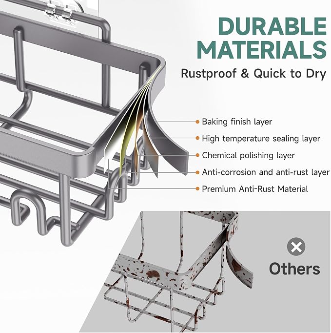 Veken 6-Pack Rustproof & Waterproof Shower Caddy, Adhesive Shelves Rack, Large Capacity Bathroom, College Dorm & Apartment Organizers, No-Drill Wall Mount Living Room & Bedroom Decor, Light Grey - Image 3