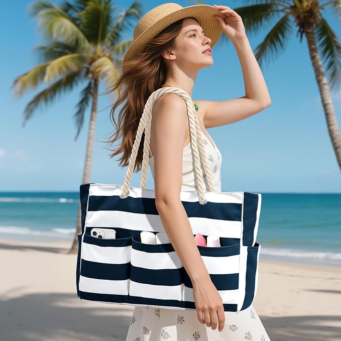 Becokan Beach Bags for Women Canvas Large Beach Tote Bag Zipper Waterproof Sandproof Foldable Swim Pool Bag with 7 Pockets - Image 2