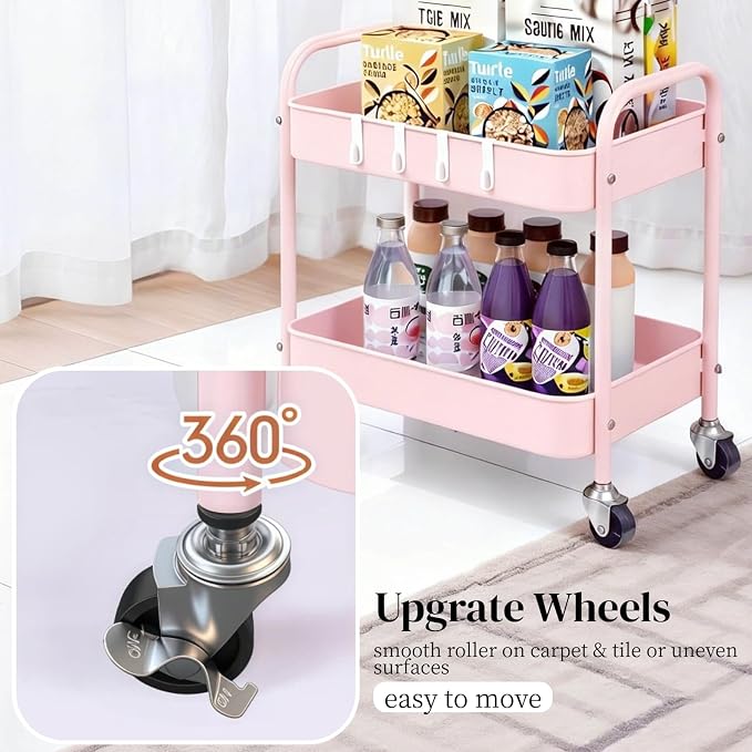 Pink 2 Tier Rolling Cart Metal with Wheels Under Desk Storage Cart for Small Space Organization, Small Trolley for Pantry Room Laundry Bathroom Kitchen Office Art Snack Baby Supplies - Image 3