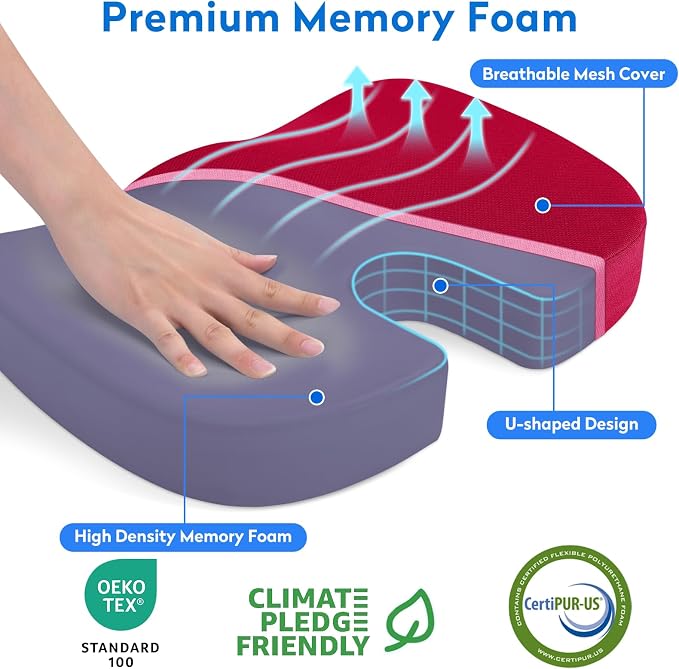 CushZone XL Memory Foam Seat Cushion for Office, Car & Wheelchair, Red | U-shaped Coccyx Cutout, Contoured Design, Breathable Removable Mesh Cover, Non-Slip Base, Carry Handle - Image 2
