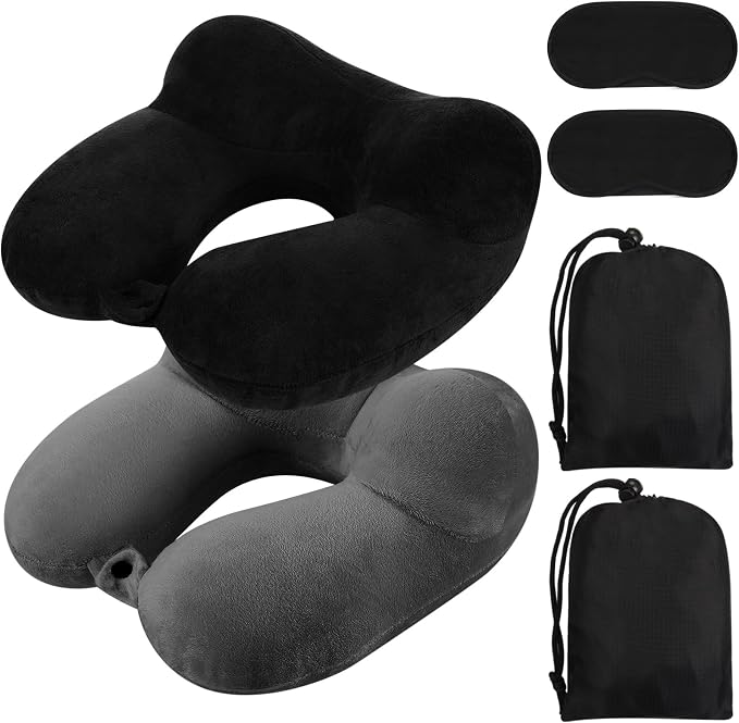 Sintuff 2 Pack Inflatable Travel Pillow for Airplanes Inflatable Neck Flight Pillows with Compact Bag and Blindfold for Traveling, Airplane, Train, Car, Office(Black and Dark Gray) by Sintuff