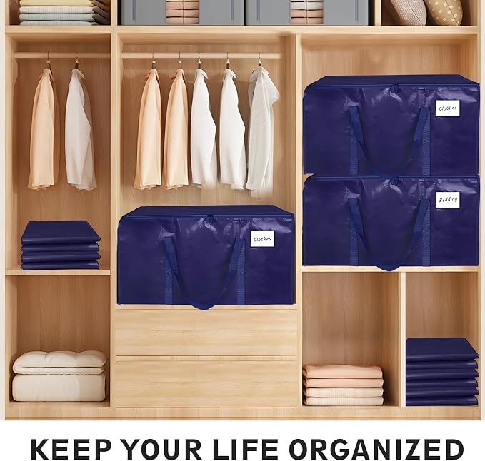 6 Pack-Extra Large Heavy Duty Moving Bags - Waterproof Storage Totes with Handles & Zippers, Foldable for College Dorm, Storage (Dark Blue) - Image 5