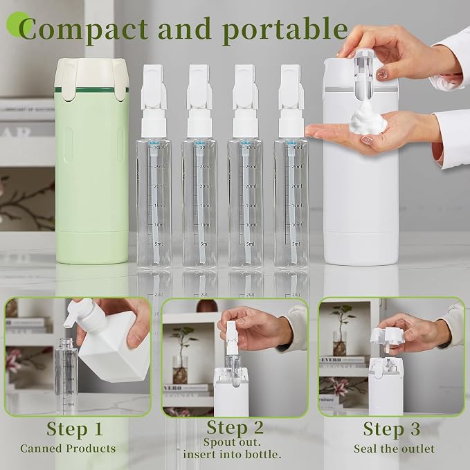 4 in 1 Travel Dispenser Bottle, Refillable Leak Proof and Portable for Shampoo, Conditioner, Shower Gel & Toiletries - Perfect for Vacation, Camping & Gym.(White+Green) - Image 4