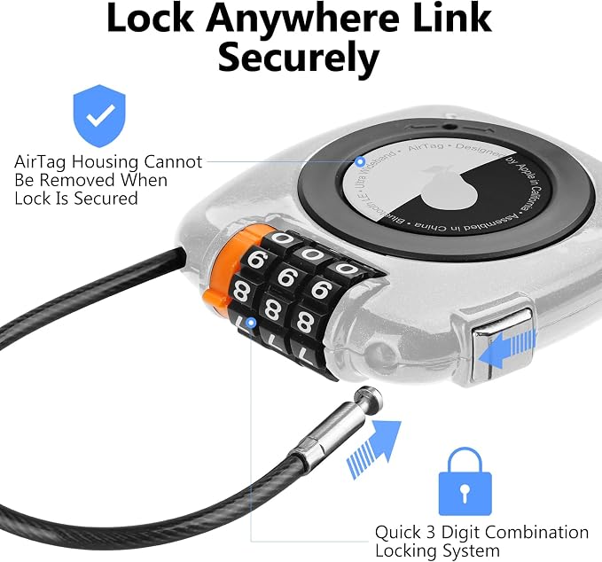 Compatible with Apple AirTag Secure Lock with Wire Cable, 3-Digit Combination Luggage Locks, Alloy Body Ultra Durable Anti-Lost Protective Case for Luggage, Suitcase (White*2) - Image 2