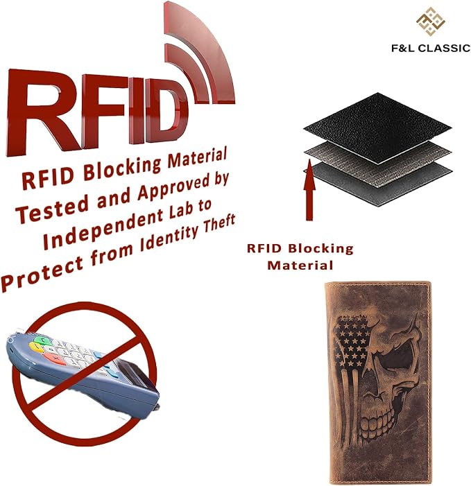 F&L CLASSIC Men's RFID Vintage Look Genuine Leather Long Bifold Wallet Checkbook Wallets,brown flag skull,240-103 - Image 7