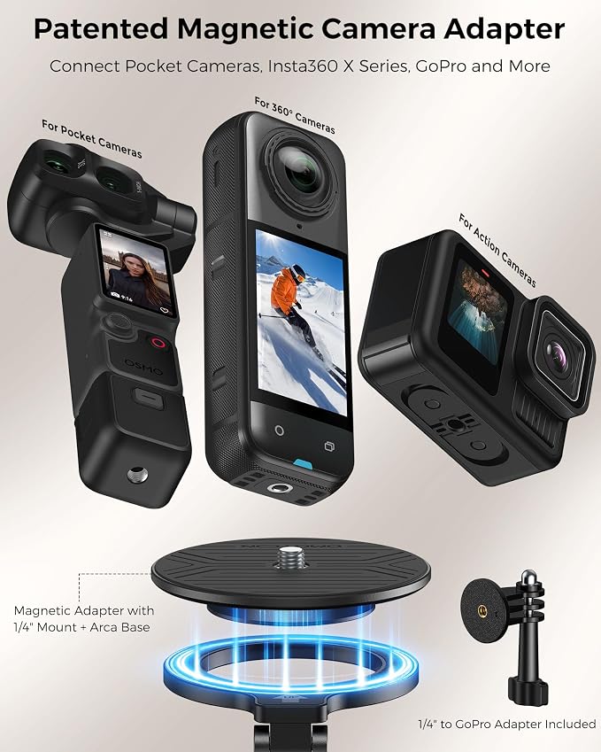 OMOTON TP02-Ultra Magnetic Action Camera Mount for DJI/GoPro iPhone, Black | Arca-type Adapter with 1/4" Screw, 4 in 1 Phone Tripod for Travel Vlog, Adjustable & Swivel, for iPhone 12-17 Series - Image 3