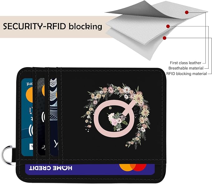Credit Card Holder for Women,RFID Small Wallet Blocking Credit Card Holder,Slim Minimalist Wallet,Leather Card Case Holder With Keychain (Black-Q) - Image 4