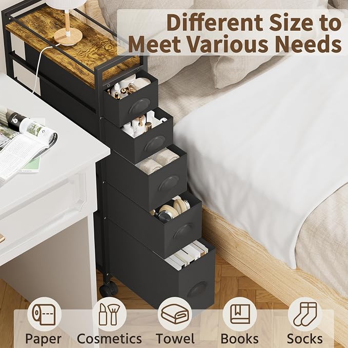 LASZOLA Narrow Cabinet Slim Storage Cart for Bathroom Small Space, Black | 5 Tiers Skinny Rolling Organizer Shelf with Sturdy Fabric Drawers, Lightweight Mobile on Wheels, Between Washer and Dryer - Image 9