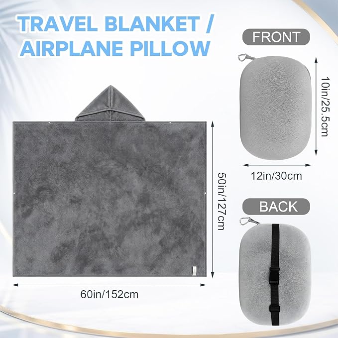 Hooded Wearable Fleece Travel Blanket Airplane with Snap Closure, Foldable Travel Pillow, Compact Carry Carabiner Strap, Soft 60''x50'' Fleece Blanket for Plane Office Gift(Grey) - Image 3
