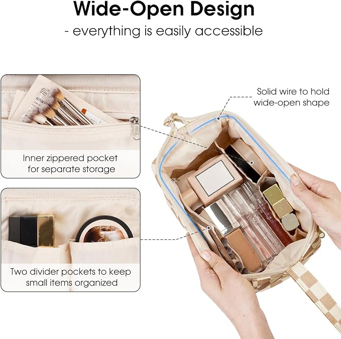 Narwey Large Checkered Makeup Bag Women Wide-open Make up Bag Travel Cosmetic Bag Organizer Toiletry Bag for Cosmetics Toiletries Accessories (Light Checkerboard) - Image 2