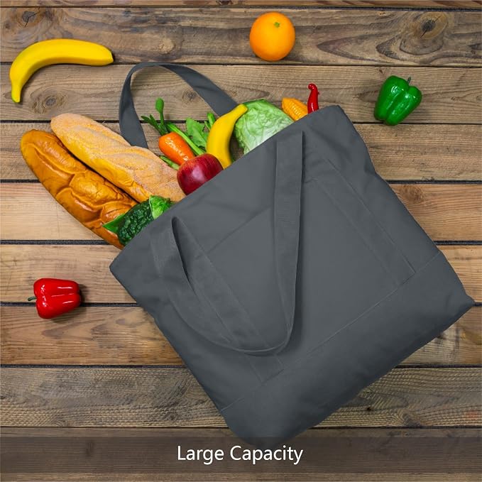 TOPDesign 6-Pack Canvas Tote Bags with an External Pocket, Reusable Grocery Shopping Bags, Top Zipper Closure, Daily Essentials (Grey) - Image 3