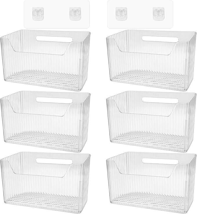 6Pcs Storage Organizer Bins Wall Mounted Organizer Basket Large Size Clear Plastic Makeup Organizer Adhesive Hanging Bin for Bathroom Kitchen Pantry by DANHMAO