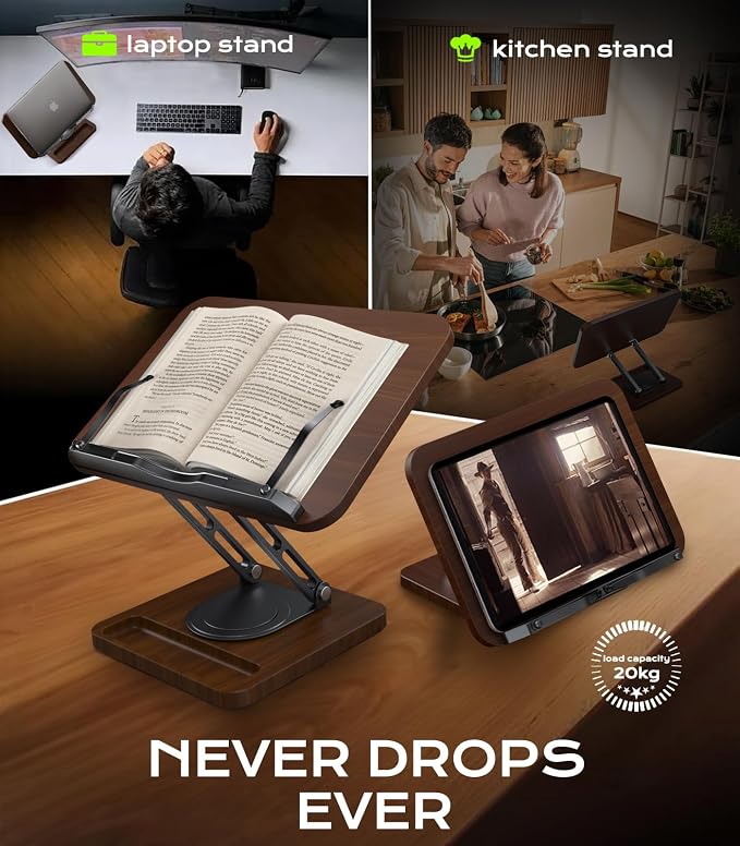 LOXP Ergonomic Book Stand for Reading, 360° Rotating Holder with Page Clip | Adjustable height angle, Storage Base, Hands-free, anti-slip, Fits tablets cookbooks magazines laptops, wood and metal - Image 4
