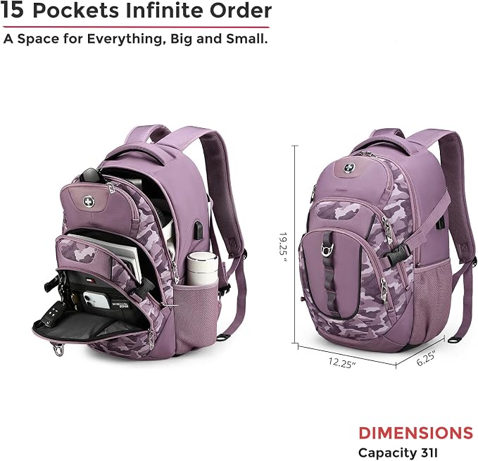 Swissdigital Design Laptop Backpack with USB Charging Port, Travel Backpack Fits 15.6 inches Computer, 31L College School Backpack for Men, Pink Camo | SD803-93 - Image 5
