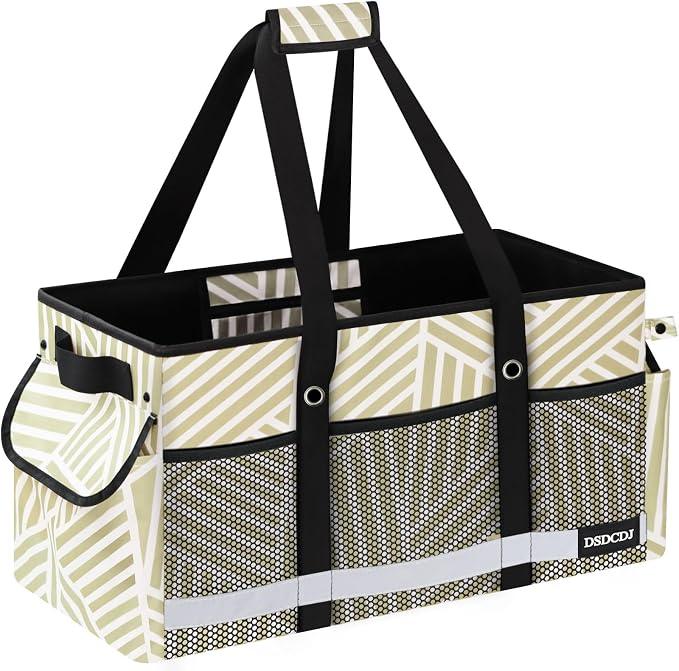 Extra Large Utility Tote Bag with Reflective Strip, Standing Reusable Grocery Bags with Hard Bottom, Collapsible Utility Tote with Handles for Shopping, Beach, Picnics, Car, Striped Gray by DSDCDJ
