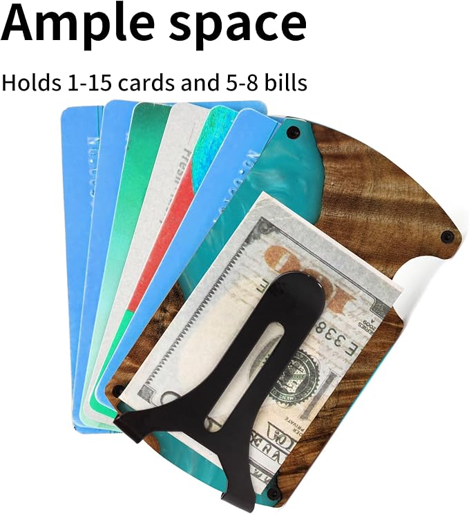 Minimalist Wallet for Men, Slim Metal RFID Blocking Wallet Credit Card Holder Money Clip & Cash Strap, Scratch-Resistant Holds 15 Cards,Ideal Gift for Men | Resin Wood, Unique Pattern ,Light Blue - Image 3