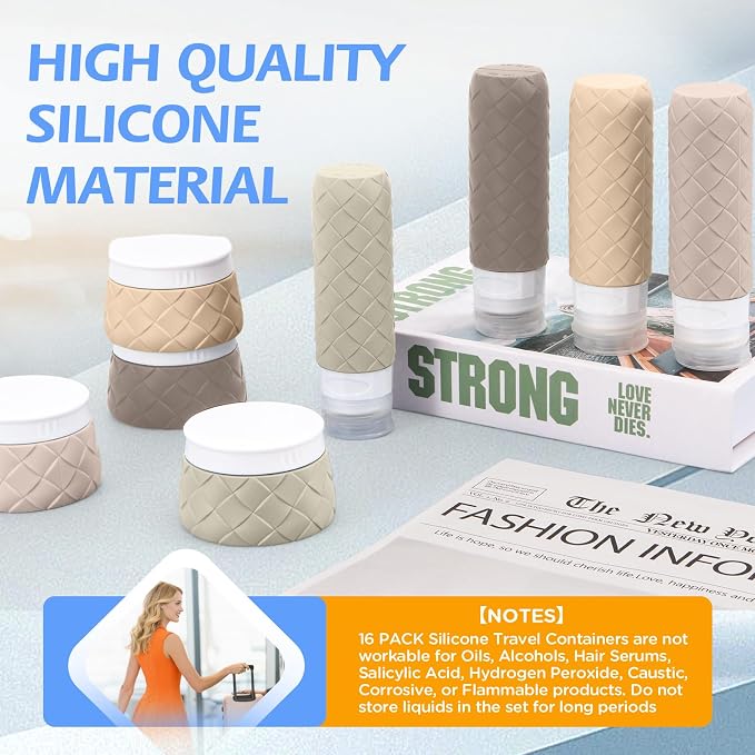 16 Pack Travel Bottles for Toiletries, TSA Approved Travel Size Toiletries Containers Set, BPA-Free Silicone Leak Proof Refillable Bottles Stackable Creams Jars Accessories Kit W/Clear Bag(Cream) - Image 6