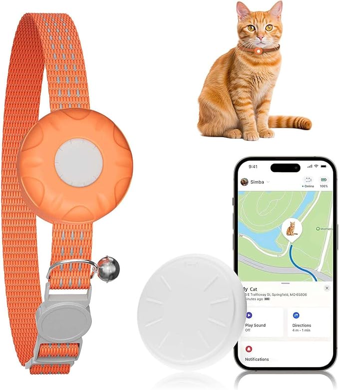 Cat Tracker, GPS Tracker Compatible with Apple Find My App(Only iOS), Waterproof Cat Tracker Collar with Bell and Safety Elastic Buckle, No Monthly Fee, Territory & Location History (Orange) by ZFSJTAG