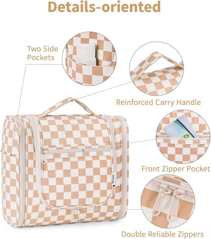Narwey Checked Hanging Travel Toiletry Bag for Women, Travel Bag for Toiletries, Makeup Bag Organizer Cosmetic Bags Make Up Bags for Women (Light Checkerboard) - Image 6