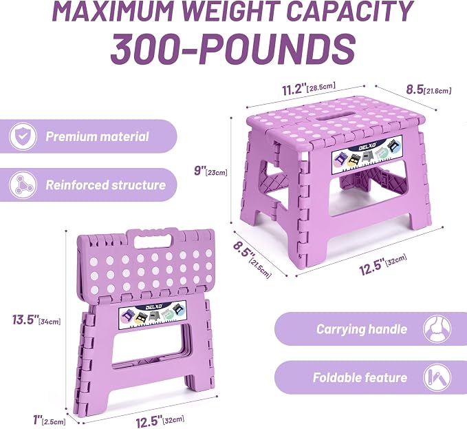 Delxo 9 Inch Kids Step Stool,300 Lbs Folding Step Stool for Toddler Purple | Foldable Step Stool,Non-Slip Foot Stools with Handle, Lightweight Collapsible Stool for Kitchen,Bathroom,Bedroom,Garden - Image 2