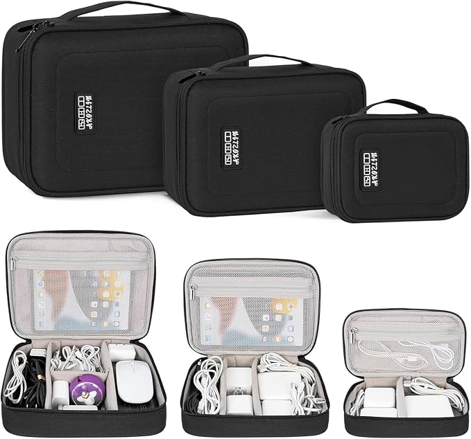 AKOZLIN Cable Organizer Bag, Padded Electronic Organizer Travel Case | Double Layer Cord Organizer Case 3pcs/set, DJ Cable File Accessories Bag with Adjustable Divider, Black by AKOZLIN