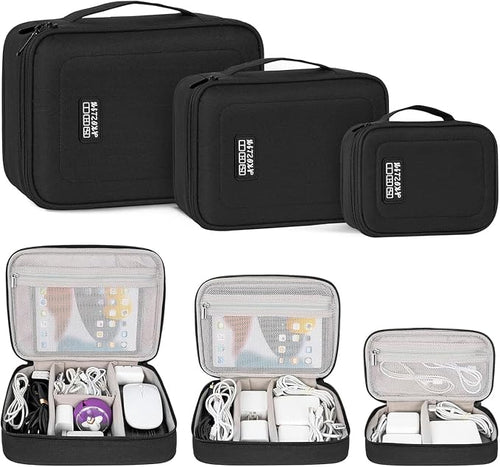 AKOZLIN Cable Organizer Bag, Padded Electronic Organizer Travel Case | Double Layer Cord Organizer Case 3pcs/set, DJ Cable File Accessories Bag with Adjustable Divider, Black by AKOZLIN