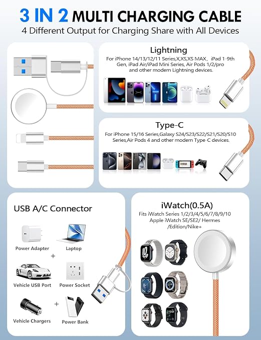 1Pack Travel Essentials for Apple Watch Charger,3-in-2 Multi Charging Cable | Cruise Vacation Camping Essentials for iPhone Charger,Type C/Lightning for iWatch,iPhone 17-12,Xbox Series X&S-4FT Orange - Image 2