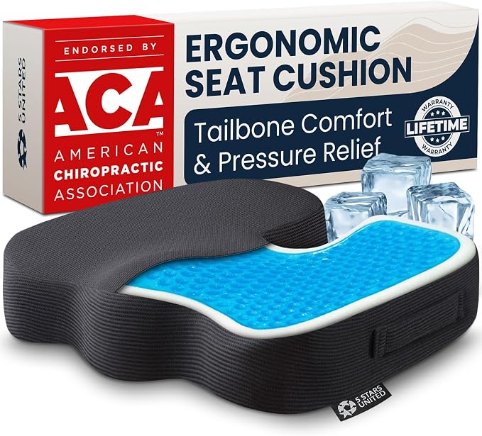 5 STARS UNITED Seat Cushion - Memory Foam & Cooling Gel - Chair Cushion for Tailbone Pain Relief - Ergonomic Support for Coccyx, Sciatica & Butt - Office, Desk & Gaming Chair, Car, Wheelchair, Black by 5STARSUNITED