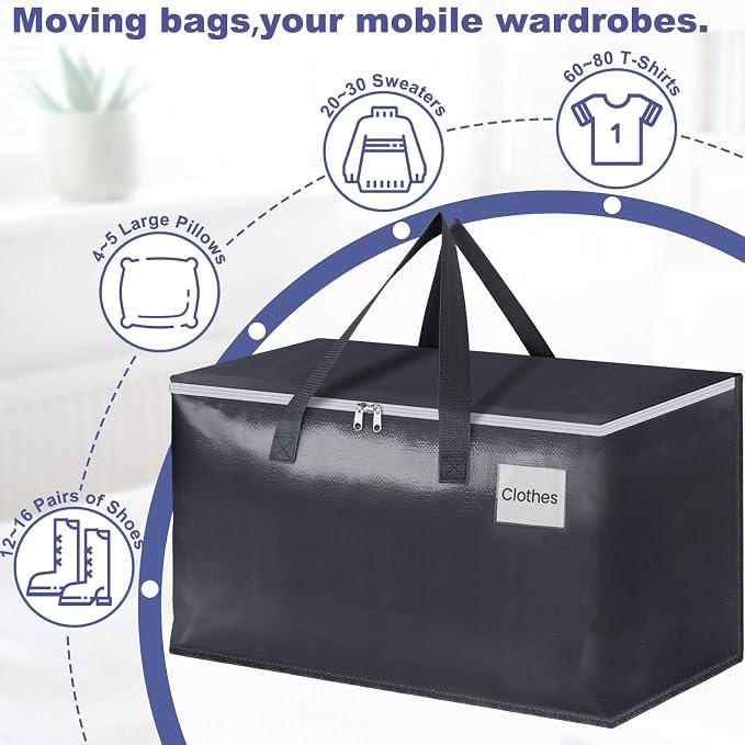 StorageRight Heavy Duty Moving Boxes-Moving Bags with Zipper, Reinforced Handles and Tag Pocket-Collapsible Moving Supplies-Totes for Storage Great for Moving, Storage and Travel 93L(Gray-8 Pack) | Heavy Duty Storage Bins with Lids, Zipper, Reinforced ... - Image 3