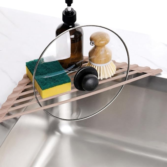 Tomorotec Roll Up Dish Drying Rack with Silicone Coating, Light Coffee | 304 Stainless Steel with BPA-Free Silicone, Triangle Design Maximizes Sink Corner Space, Fits Compact Kitchens And RVs - Image 2