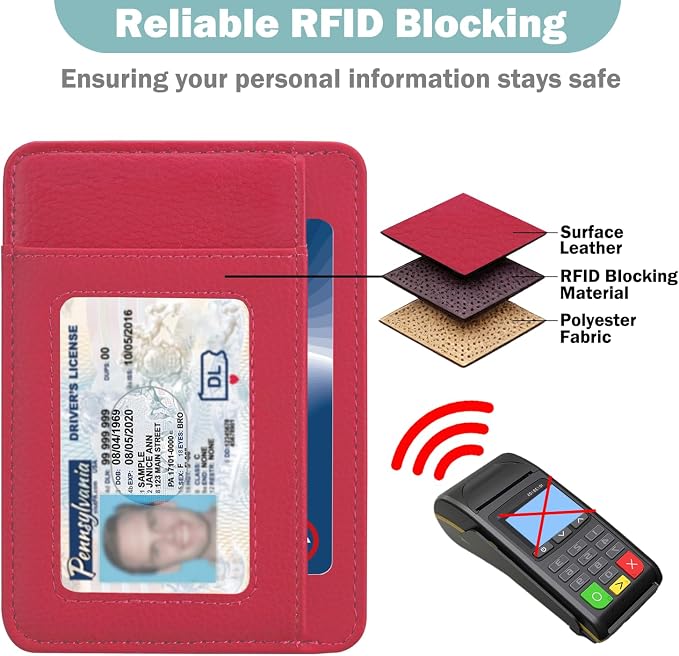 Slim Wallet for Men, Minimalist Front Pocket Simple Leather Credit Card Holder RFID Blocking for Men & Women, Thin Organizer Gifts, Litchi - Hot Pink - Image 4