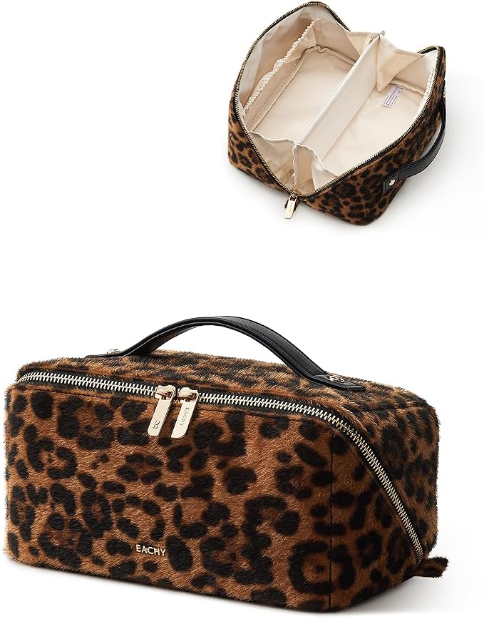 EACHY Travel Makeup Bag for Women, Flat Open Leopard Print Cosmetic Bag | Leopard-print PU leather cosmetic bag opens flat with dividers and clear TPU brush pocket for makeup and travel essentials - Image 5