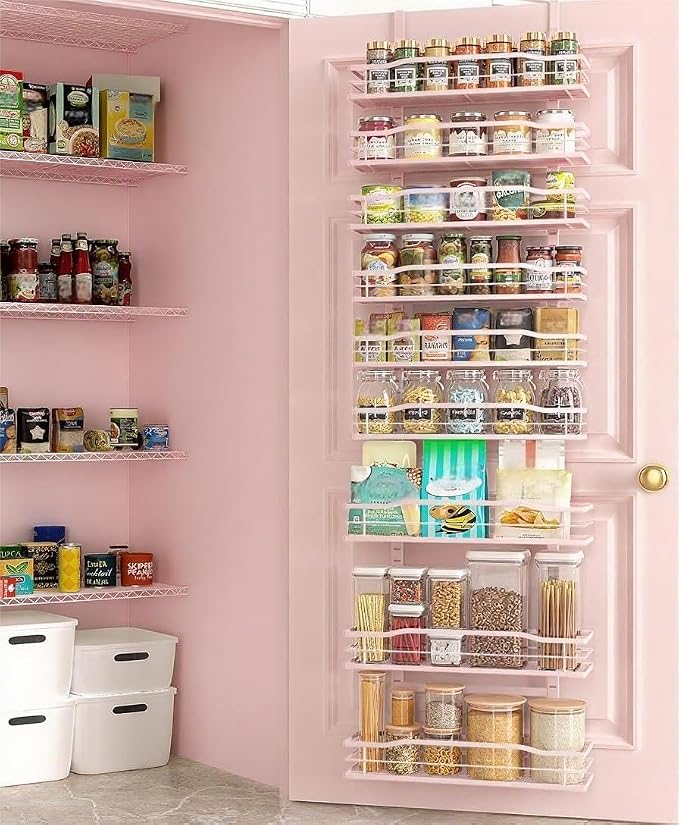 Moforoco Pink 9-Tier Over The Door Pantry Organizer, Pantry Organization and Storage, Black Hanging Basket Wall Spice Rack Seasoning Shelves by MOFOROCO
