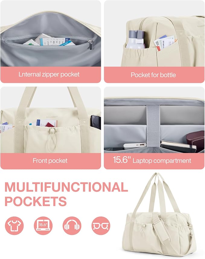 BAGSMART Weekender Duffle Bag with Shoes Bag, Travel Essentials, Beige | 26L Airport Carry On Overnight Gym Tote Bag for Sports and Travel Essentials, unfoldable - Image 5