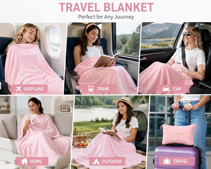 K.Garden Travel Throw Blanket Pillow, Pink | 2 in 1, Soft, Compact, Luggage Backpack Strap, Airplane Flight Essentials - Image 5